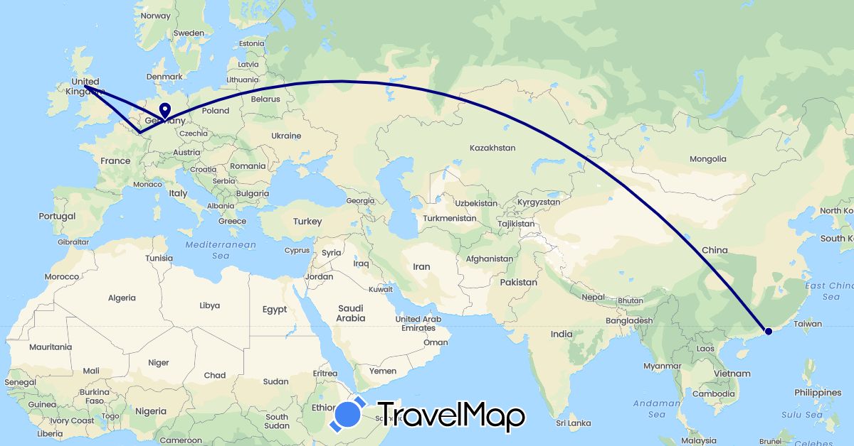 TravelMap itinerary: driving in China, Germany, United Kingdom, Luxembourg (Asia, Europe)